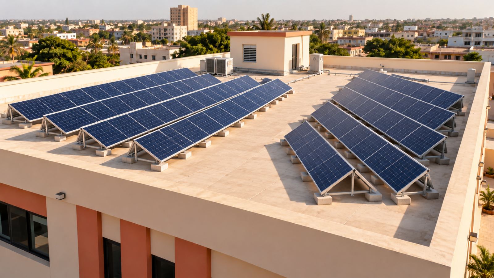 Two rooftop arrays face opposing directions to spread solar production through the day.