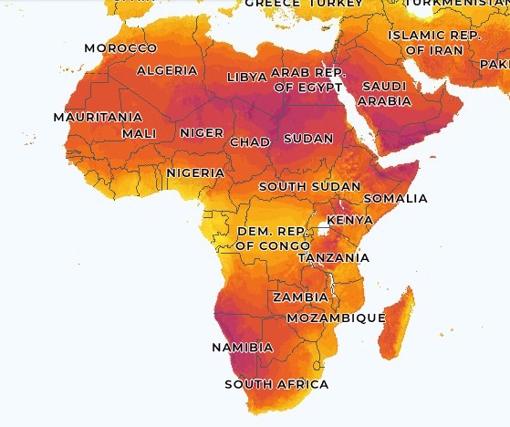 Irradiation globale horizontale annuelle en Afrique.