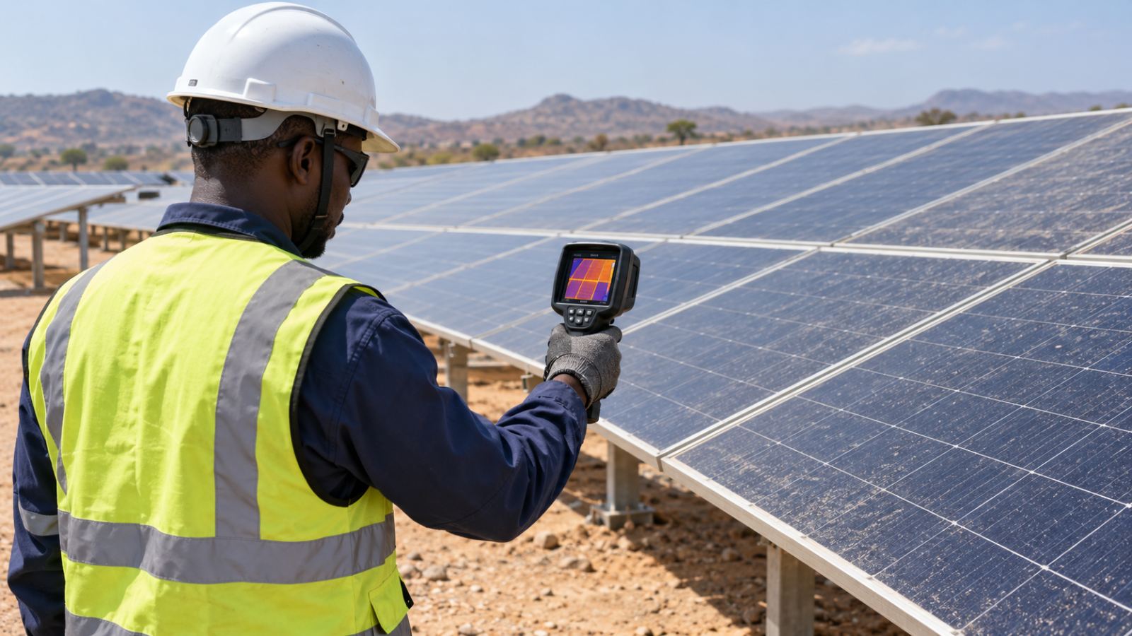 A technician inspects PV modules for dust and heat-related losses.